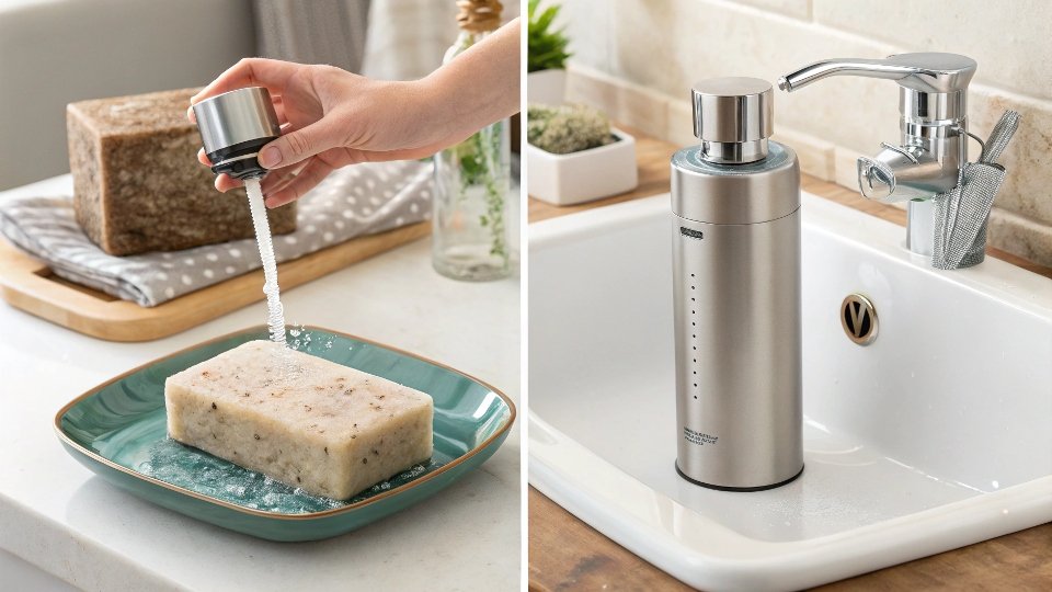 A stylish soap dispenser on a clean bathroom countertop